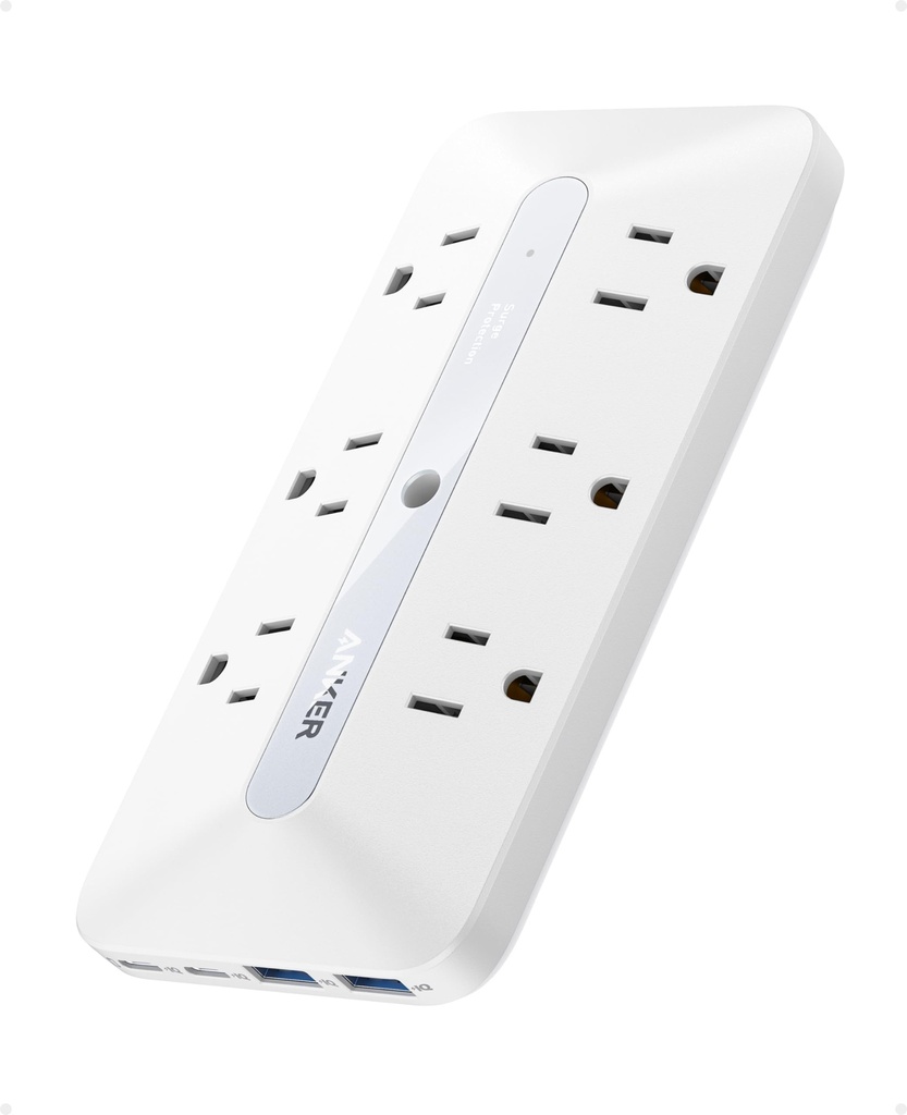 Anker Cargador de pared, protector de sobretensiones 300J, extensor de toma de corriente 10 en 1, 6 AC, 2 puertos USB A, 2 puertos USB C, tomas de corriente amplia y carga rápida de 20 W, estación de
