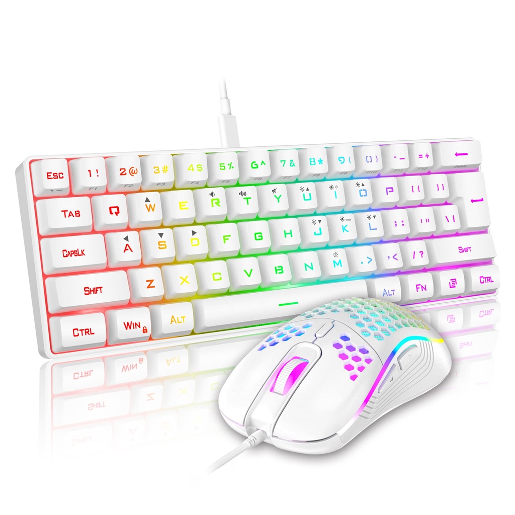 Combo Teclado/Mouse RedThunder - 60% Ligero, ultracompacto 61 teclas con retroiluminación RGB, Mouse 7200 DPI Honeycomb (Blanco)