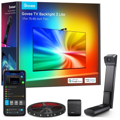 [ILU-00010997] Govee Retroiluminación de TV 3 Lite con función de corrección de ojo de pez Sincronización a televisores de 75-85 pulgadas, tira de luces LED RGBICW Wi-Fi de 16.4 pies con cámara, 4 colores en 1