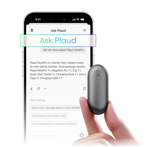 [GRAB-00009804] Grabadora de voz AI, grabadora de voz PLAUD NotePin, control de aplicaciones, toma de notas AI, soporte de transcripción y resumen de IA en 112 idiomas, memoria de 64 GB, grabadora de audio para