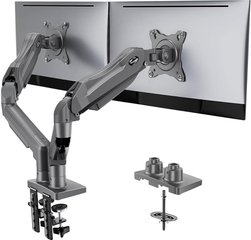 [BM-00012709] HUANUO - Soporte de escritorio para monitor doble, completamente ajustable para pantallas de computadora de 13–32", soporte VESA de movimiento completo 75x75/100x100 con abrazadera en C y base de