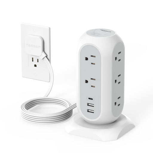 [RGT-00009365] Regleta de alimentación de torre con enchufe plano con 11 tomacorrientes, 3 USB (1 USB C), torre protectora contra sobretensiones TESSAN 1625W/13A, protección 1050J, cable de extensión de 6 pies con