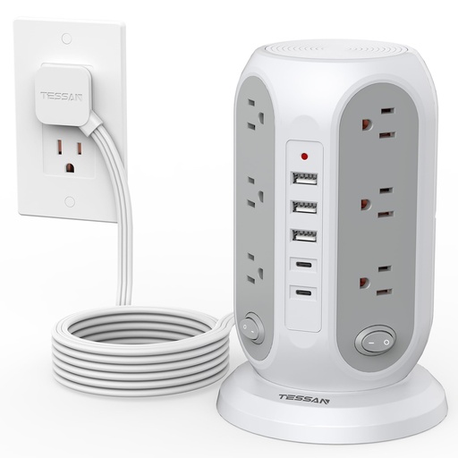 [RGT-00012713] TESSAN Regleta de alimentación de torre con interruptores individuales, protector de sobretensiones con 12 tomas, 5 puertos USB (2 USB C), cable de extensión plano de 10 pies, 1250 W, estación de