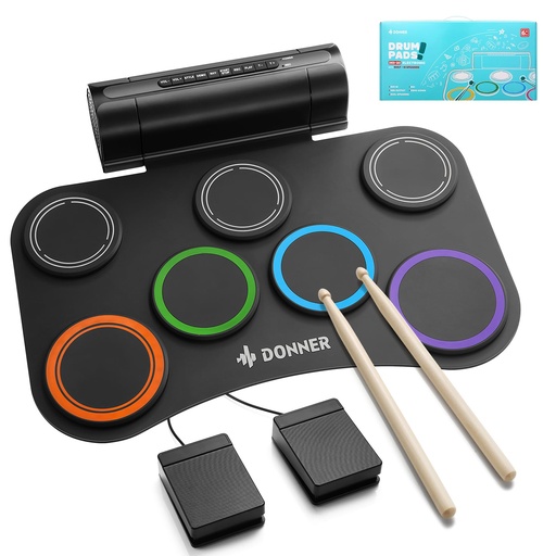 [ADIO-00012391] Donner Juego de batería eléctrica mejorada, 7 almohadillas electrónicas, almohadilla de batería silenciosa, altavoz integrado, 40 lecciones incluidas, juguetes de instrumentos de regalo de Navidad y cumpleaños para niños (DED-20R)