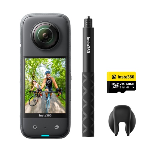 [JONT-00012811] Insta360 X3 Kit de Vlog de 128 GB - Cámara de acción 360 con video HDR activo de 5.7K 360, cámara de lente única 4K, impermeable, estabilización FlowState, pantalla táctil de 2.29 pulgadas, edición AI 
