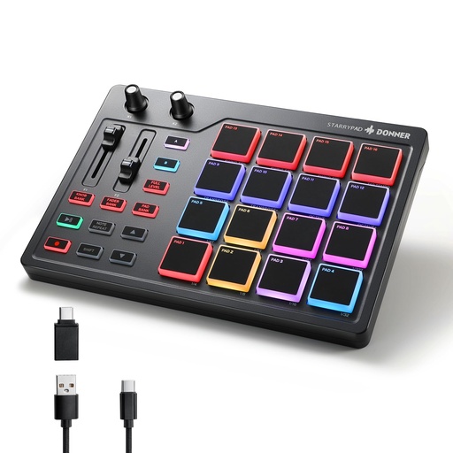 [ADIO-00013250] Donner Máquina profesional MIDI Pad Beat Maker, máquina de batería con 16 almohadillas de ritmo, 2 faders y perillas asignables y software de producción de música, controlador MIDI USB con 40 cursos 