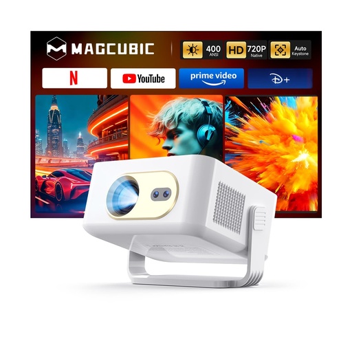 [PR-00080] Magcubic HY300GT - Miniproyector con WiFi y Bluetooth, proyector portátil inteligente compatible con 260 ANSI y 2K, enfoque automático y corrección trapezoidal, giratorio de 180° para hogar y exterior