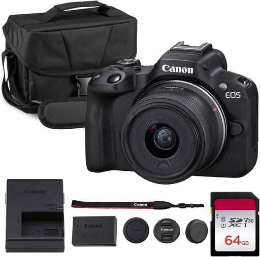 [PR-00097] Canon Kit de cámara sin espejo EOS R50 - Cámara APS-C RF con lente de 0.709-1.772 in, video 4K, AF II de doble píxel y pantalla táctil de ángulo variable (5811C012) + bolsa de hombro + tarjeta de memoria de 64 GB