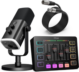 [ADIO-00009259] FIFINE Paquete de equipos de juego, juego de micrófono dinámico XLR/USB para juegos con mezclador de audio para grabación de podcasts, video vocal, juego de jugadores RGB con atenuador de