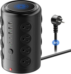 [RGT-00009364] TenTrend - Torre de regleta con 16 salidas y 5 puertos USB (2 USB-C), protector de sobretensiones TenTrend 1875W 1500J con cable de extensión de 6 pies, torre de múltiples salidas para escritorio de