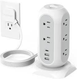 [RGT-00009365] Regleta de alimentación de torre con enchufe plano con 11 tomacorrientes, 3 USB (1 USB C), torre protectora contra sobretensiones TESSAN 1625W/13A, protección 1050J, cable de extensión de 6 pies con