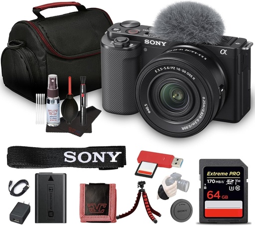 [PR-00180] Sony ZV-E10 - Kit de cámara sin espejo con lente de zoom de potencia de 16-50mm II (negro) | Sensor APS-C | Herramienta compacta para creadores + tarjeta de 64GB + bolsa + lector de tarjeta + cable