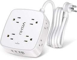 [RGT-00010545] Regleta protectora de sobretensiones de 6 pies, 8 tomas amplias con 4 puertos USB, extensor de salida de 3 lados con cable de extensión de 6 pies