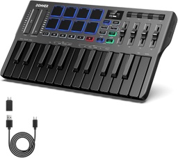 [ADIO-00010551] Donner Controlador de teclado MIDI USB-C, mini teclado MIDI portátil de 25 teclas con 8 almohadillas de batería, pantalla OLED, 16 básculas inteligentes, arpegio, reproducción, software de 4 DAW y 40