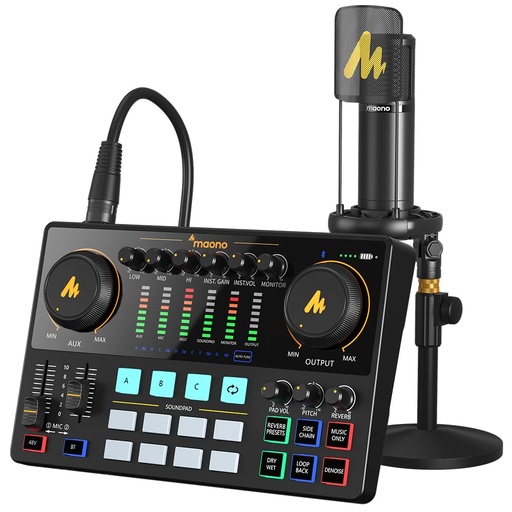 [PR-00215] MAONO Paquete de equipo de podcast con interfaz de audio y micrófono de condensador XLR, MaonoCaster con alimentación fantasma de 48 V, Bluetooth para podcast, transmisión, voz en off, youtube, PC 