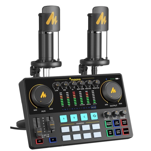 [PR-00216] MAONO-MaonoCaster-Paquete de equipo para pódcast para 2-incluye interfaz de audio todo en uno con preamplificador de micrófono premium, micrófono de condensador XLR y micrófono de 3,5 mm para