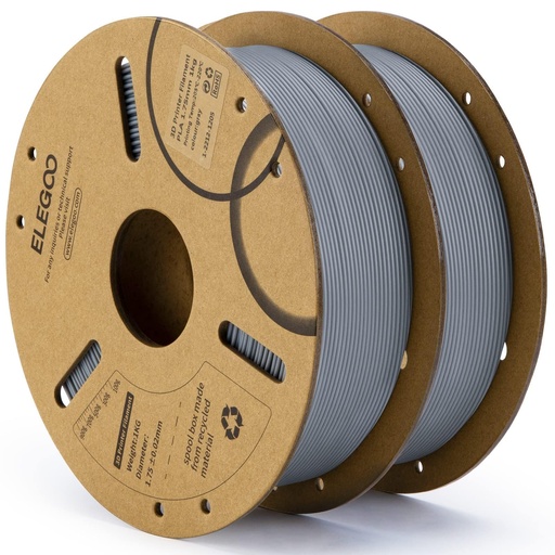 [PR-00245] ELEGOO Filamento PLA 1.75mm Gris 2KG, Filamento para Impresora 3D con Precisión Dimensional +/- 0.02mm, Paquete de 2 Carretes de 1kg en Cartón (2.2lbs) Filamento para Impresora 3D Compatible con la