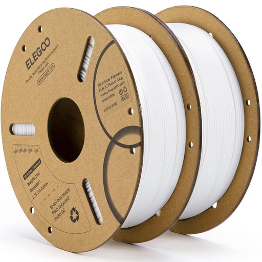 [PR-00259] ELEGOO Filamento PLA 1.75mm Blanco 2KG, Filamento para Impresora 3D con Precisión Dimensional +/- 0.02mm, Paquete de 2 Carretes de 1kg en Cartón (2.2lbs) Filamento para Impresión 3D Compatible con la 