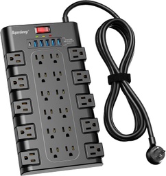 [RGT-00001513] Regleta Power Strip, SUPERDANNY Surge Protector with 22 AC Outlets and 6 USB Charging Ports, 1875W/15A, 2100 Joules, 6.5Ft Flat