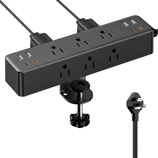 [RGT-00010546] ACOZVIN - Regleta de alimentación con abrazadera de escritorio 17 en 1 con estación de carga rápida de 40 W, enchufe plano de 10 pies 1200J, 9 salidas de CA, 8 puertos USB (4 USB C), toma de