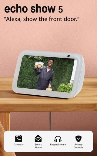 [ALEX-00012370] Amazon Echo Show 5 (modelo más reciente), Pantalla inteligente con 2x bajo y sonido claro, Blanco glaciar