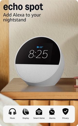 [ALEX-00009053] Amazon Echo Spot (2024) Parlante/Despertador Inteligente Con Alexa – Blanco Glaciar