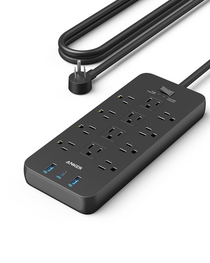 [RGT-00010539] Anker - Regleta de protección contra sobretensiones (2100J), 12 salidas con 1 USB C y 2 puertos USB para iPhone 15/15 Plus/15 Pro/15 Pro Max, cable de extensión de 5 pies, enchufe plano, carga USB C