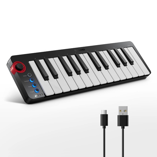 [ADIO-00010554] Donner - Controlador de teclado MIDI USB pequeño con 25 teclas, N-25, con miniteclas sensibles a la velocidad, interruptor de iluminación y software de producción de música incluido