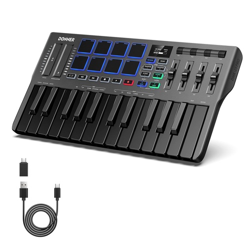 [ADIO-00010551] Donner Controlador de teclado MIDI USB-C, mini teclado MIDI portátil de 25 teclas con 8 almohadillas de batería, pantalla OLED, 16 básculas inteligentes, arpegio, reproducción, software de 4 DAW y 40